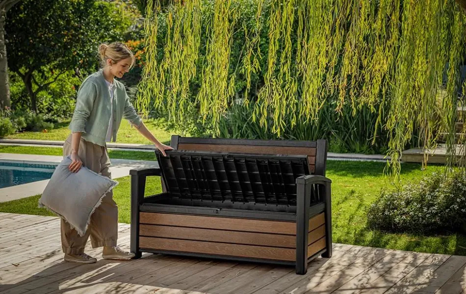 Outlet Signature 60 Gallon Outdoor Storage Bench - Walnut Brown Outdoor Benches|Outdoor Storage Benches